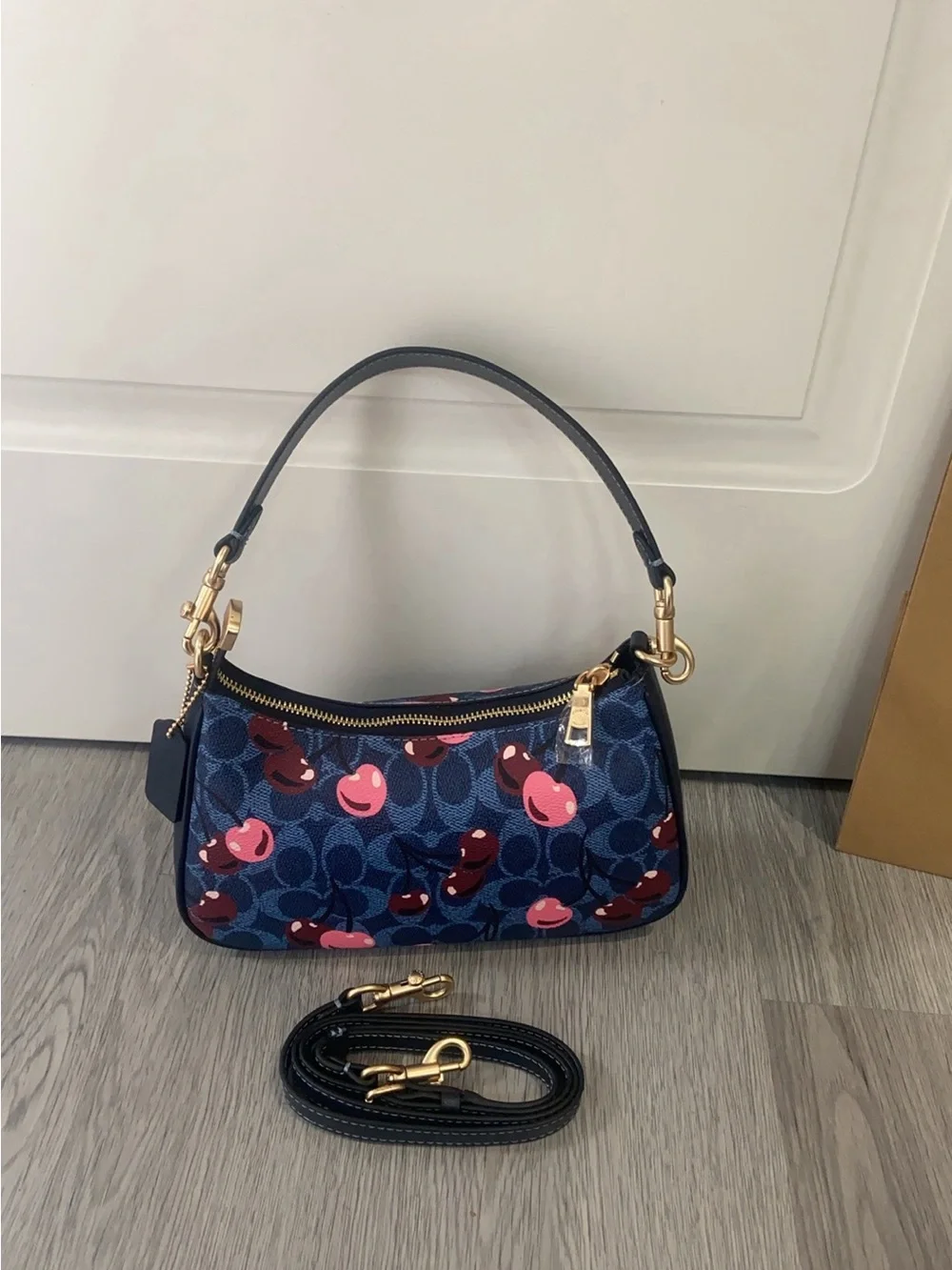 Coach Navy Signature Mini Shoulder Bag with Pink Accents